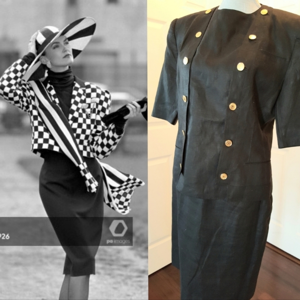 $2,000 LOUIS FERAUD BLACK LINEN SKIRT JACKET SUIT US 10 EUR 42